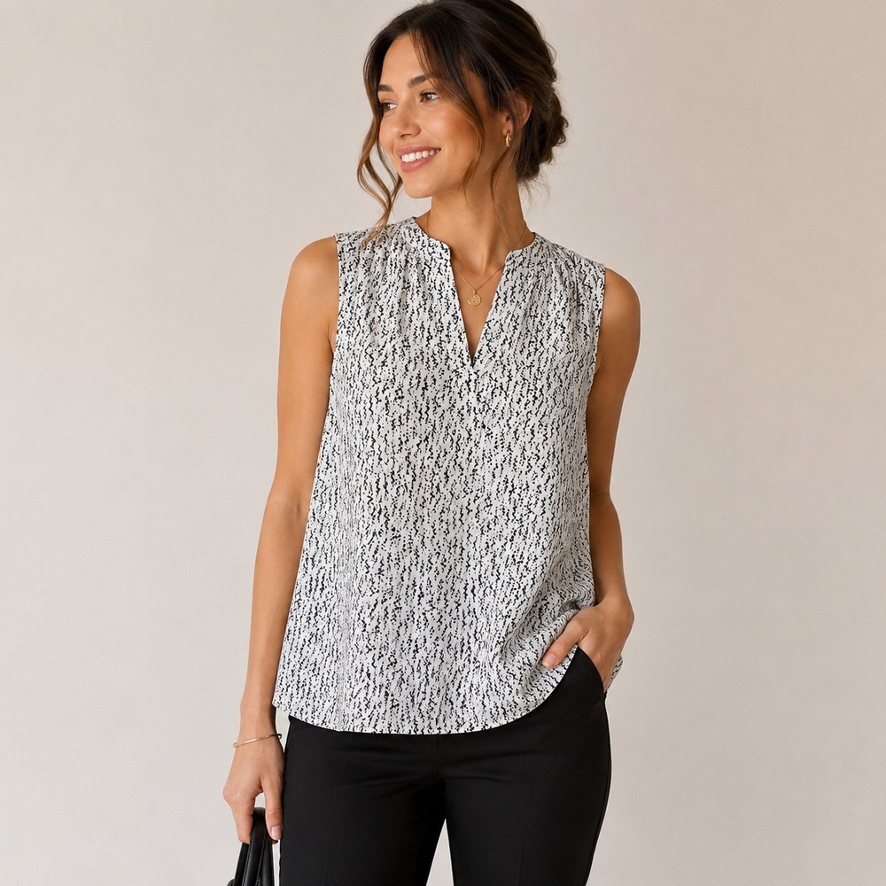 Chaus New York Womens Sleeveless V-Neck Blouse Black White Abstract Print Small